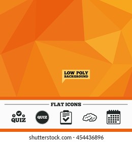 Triangular low poly orange background. Quiz icons. Human brain think. Checklist symbol. Survey poll or questionnaire feedback form. Questions and answers game sign. Calendar flat icon. Vector