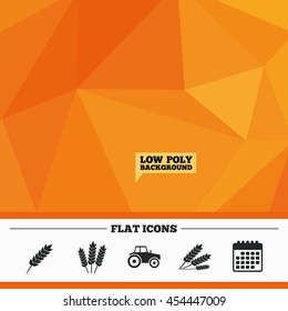 Triangular low poly orange background. Agricultural icons. Wheat corn or Gluten free signs symbols. Tractor machinery. Calendar flat icon. Vector