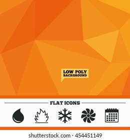 Triangular low poly orange background. HVAC icons. Heating, ventilating and air conditioning symbols. Water supply. Climate control technology signs. Calendar flat icon. Vector