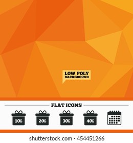Triangular low poly orange background. Sale gift box tag icons. Discount special offer symbols. 10%, 20%, 30% and 40% percent discount signs. Calendar flat icon. Vector