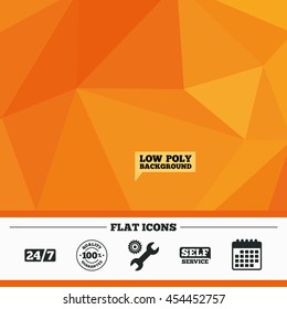 Triangular low poly orange background. Repair fix tool icons. 24h Customer support service signs. 100% quality guarantee symbol. Cogwheel gear with wrench key. Calendar flat icon. Vector