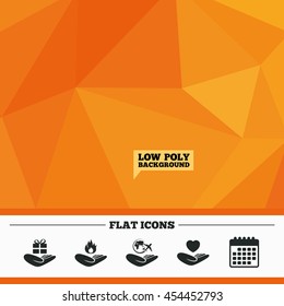 Triangular low poly orange background. Helping hands icons. Health and travel trip insurance symbols. Gift present box sign. Fire protection. Calendar flat icon. Vector