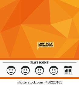 Triangular low poly orange background. Circle smile face icons. Happy, sad, cry signs. Happy smiley chat symbol. Sadness depression and crying signs. Calendar flat icon. Vector
