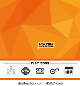 Triangular low poly orange background. Website database icon. Internet globe and gear signs. 404 page not found symbol. Under construction. Calendar flat icon. Vector