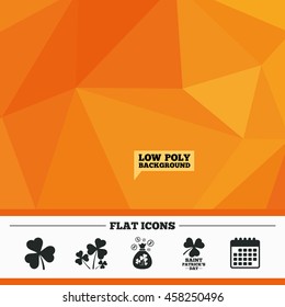 Triangular low poly orange background. Saint Patrick day icons. Money bag with clover and coins sign. Trefoil shamrock clover. Symbol of good luck. Calendar flat icon. Vector