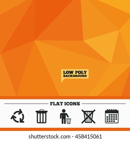 Triangular low poly orange background. Recycle bin icons. Reuse or reduce symbols. Human throw in trash can. Recycling signs. Calendar flat icon. Vector