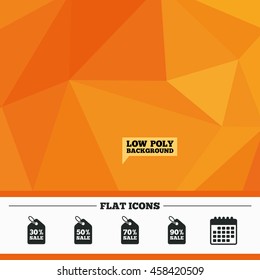 Triangular low poly orange background. Sale price tag icons. Discount special offer symbols. 30%, 50%, 70% and 90% percent sale signs. Calendar flat icon. Vector