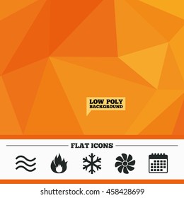 Triangular low poly orange background. HVAC icons. Heating, ventilating and air conditioning symbols. Water supply. Climate control technology signs. Calendar flat icon. Vector