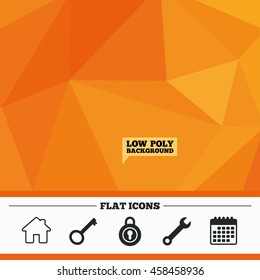 Triangular low poly orange background. Home key icon. Wrench service tool symbol. Locker sign. Main page web navigation. Calendar flat icon. Vector