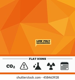 Triangular low poly orange background. Attention and radiation icons. Chemistry flask sign. CO2 carbon dioxide symbol. Calendar flat icon. Vector