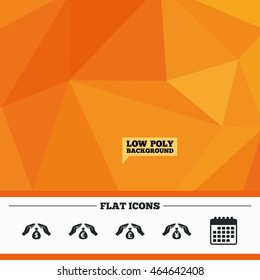 Triangular low poly orange background. Hands insurance icons. Money bag savings insurance symbols. Hands protect cash. Currency in dollars, yen, pounds and euro signs. Calendar flat icon. Vector