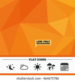 Triangular low poly orange background. Weather icons. Moon and stars night. Cloud and sun signs. Storm or thunderstorm with lightning symbol. Calendar flat icon. Vector