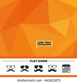 Triangular low poly orange background. Mustache and Glasses icons. Hipster symbols. Facial hair signs. Calendar flat icon. Vector