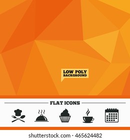 Triangular low poly orange background. Food and drink icons. Muffin cupcake symbol. Fork and spoon with Chef hat sign. Hot coffee cup. Food platter serving. Calendar flat icon. Vector