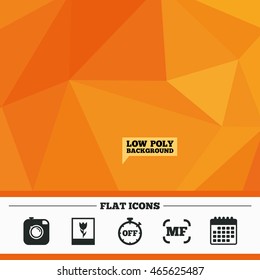 Triangular low poly orange background. Hipster retro photo camera icon. Manual focus symbols. Stopwatch timer off sign. Macro symbol. Calendar flat icon. Vector