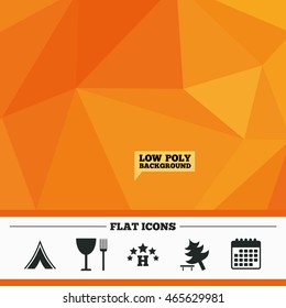 Triangular low poly orange background. Food, hotel, camping tent and tree icons. Wineglass and fork. Break down tree. Road signs. Calendar flat icon. Vector