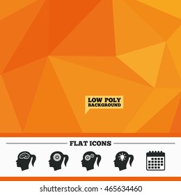 Triangular low poly orange background. Head with brain and idea lamp bulb icons. Female woman think symbols. Cogwheel gears signs. Calendar flat icon. Vector