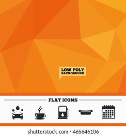 Triangular low poly orange background. Petrol or Gas station services icons. Automated car wash signs. Hotdog sandwich and hot coffee cup symbols. Calendar flat icon. Vector