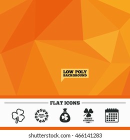 Triangular low poly orange background. Saint Patrick day icons. Money bag with clover sign. Wreath of trefoil shamrock clovers. Symbol of good luck. Calendar flat icon. Vector