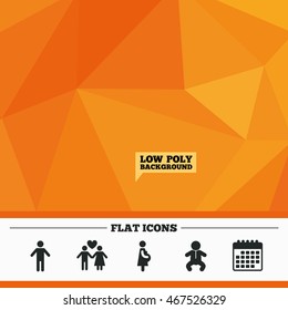 Triangular low poly orange background. Family lifetime icons. Couple love, pregnancy and birth of a child symbols. Human male person sign. Calendar flat icon. Vector