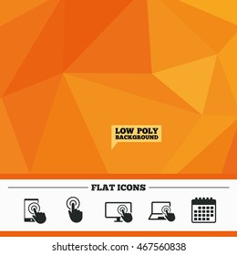 Triangular low poly orange background. Touch screen smartphone icons. Hand pointer symbols. Notebook or Laptop pc sign. Calendar flat icon. Vector