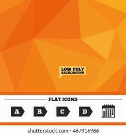 Triangular low poly orange background. Energy efficiency class icons. Energy consumption sign symbols. Class A, B, C and D. Calendar flat icon. Vector