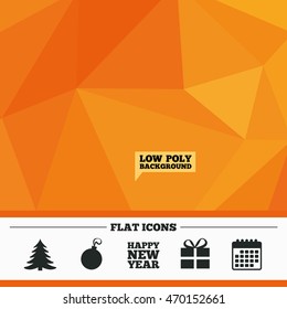 Triangular low poly orange background. Happy new year icon. Christmas tree and gift box sign symbols. Calendar flat icon. Vector