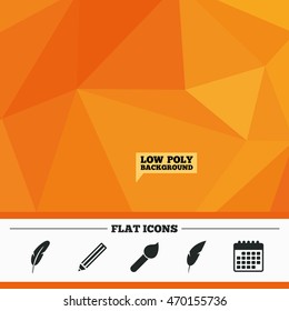 Triangular low poly orange background. Feather retro pen icons. Paint brush and pencil symbols. Artist tools signs. Calendar flat icon. Vector