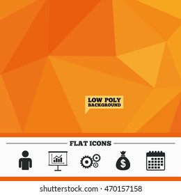 Triangular low poly orange background. Business icons. Human silhouette and presentation board with charts signs. Dollar money bag and gear symbols. Calendar flat icon. Vector