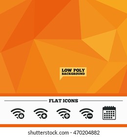 Triangular low poly orange background. Wifi Wireless Network icons. Wi-fi zone add or remove symbols. Favorite star sign. Password protected Wi-fi. Calendar flat icon. Vector