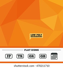 Triangular low poly orange background. Language icons. JP, TR, GR and GB translation symbols. Japan, Turkey, Greece and England languages. Calendar flat icon. Vector