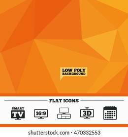 Triangular low poly orange background. Smart TV mode icon. Aspect ratio 16:9 widescreen symbol. 3D Television and TV table signs. Calendar flat icon. Vector