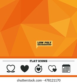 Triangular low poly orange background. Heart ribbon icon. Timer stopwatch symbol. Love and Heartbeat palpitation signs. Calendar flat icon. Vector