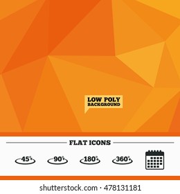 Triangular low poly orange background. Angle 45-360 degrees icons. Geometry math signs symbols. Full complete rotation arrow. Calendar flat icon. Vector