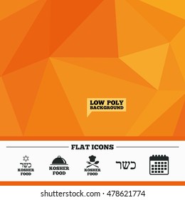 Triangular low poly orange background. Kosher food product icons. Chef hat with fork and spoon sign. Star of David. Natural food symbols. Calendar flat icon. Vector