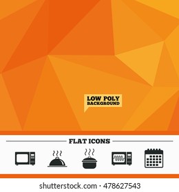 Triangular low poly orange background. Microwave grill oven icons. Cooking pan signs. Food platter serving symbol. Calendar flat icon. Vector