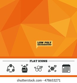 Triangular low poly orange background. Honey icon. Honeycomb cells with bees symbol. Sweet natural food signs. Calendar flat icon. Vector