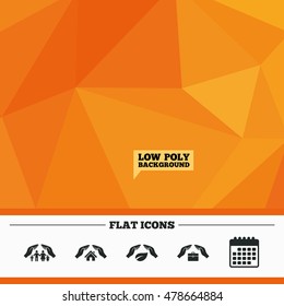 Triangular low poly orange background. Hands insurance icons. Human life insurance symbols. Nature leaf protection symbol. House property insurance sign. Calendar flat icon. Vector