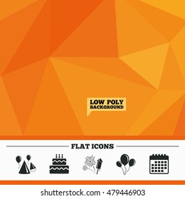 Triangular low poly orange background. Birthday party icons. Cake, balloon, hat and muffin signs. Fireworks with rocket symbol. Double decker with candle. Calendar flat icon. Vector