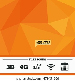 Triangular low poly orange background. Mobile telecommunications icons. 3G, 4G and LTE technology symbols. Wi-fi Wireless and Long-Term evolution signs. Calendar flat icon. Vector