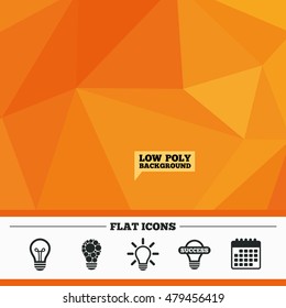 Triangular low poly orange background. Light lamp icons. Circles lamp bulb symbols. Energy saving. Idea and success sign. Calendar flat icon. Vector