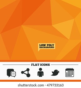 Triangular low poly orange background. Social media icons. Chat speech bubble and Share link symbols. Bird sign. Human person profile. Calendar flat icon. Vector