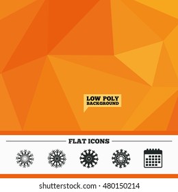 Triangular low poly orange background. Snowflakes artistic icons. Air conditioning signs. Christmas and New year winter symbols. Frozen weather. Calendar flat icon. Vector