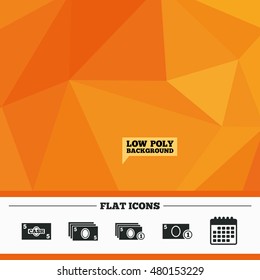 Triangular low poly orange background. Businessman case icons. Currency with coins sign symbols. Calendar flat icon. Vector