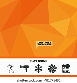 Triangular low poly orange background. Hotel services icons. Air conditioning, Hairdryer and Ventilation in room signs. Climate control. Hairdresser or barbershop symbol. Calendar flat icon. Vector