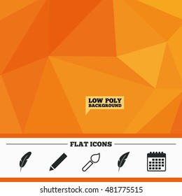 Triangular low poly orange background. Feather retro pen icons. Paint brush and pencil symbols. Artist tools signs. Calendar flat icon. Vector
