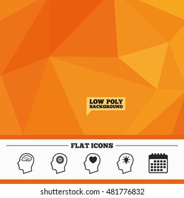 Triangular low poly orange background. Head with brain and idea lamp bulb icons. Male human think symbols. Cogwheel gears signs. Love heart. Calendar flat icon. Vector