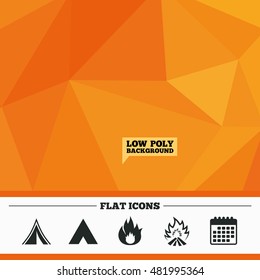 Triangular low poly orange background. Tourist camping tent icons. Fire flame sign symbols. Calendar flat icon. Vector