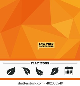 Triangular low poly orange background. Leaf icon. Fresh natural product symbols. Tree leaves signs. Calendar flat icon. Vector