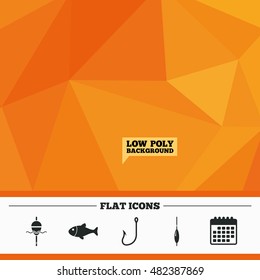 Triangular low poly orange background. Fishing icons. Fish with fishermen hook sign. Float bobber symbol. Calendar flat icon. Vector